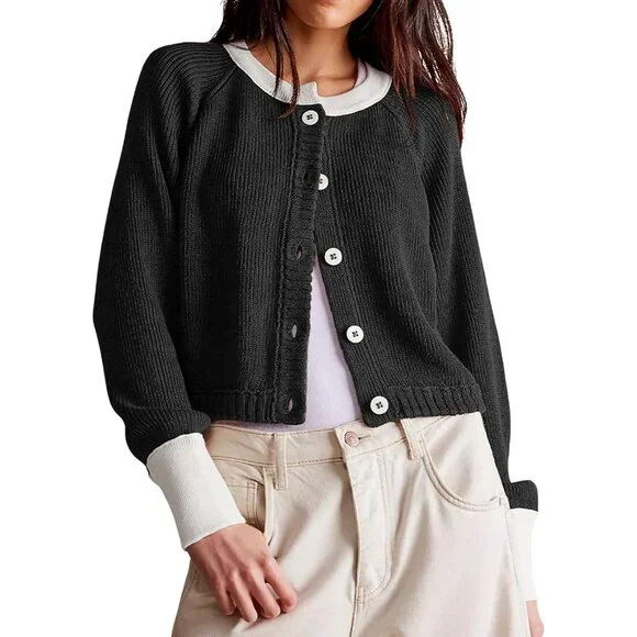 Women Knitted Button Down Cropped Cardigan Jacket Sweater Y2k Fall Knit Color Bl - Picture 1 of 5